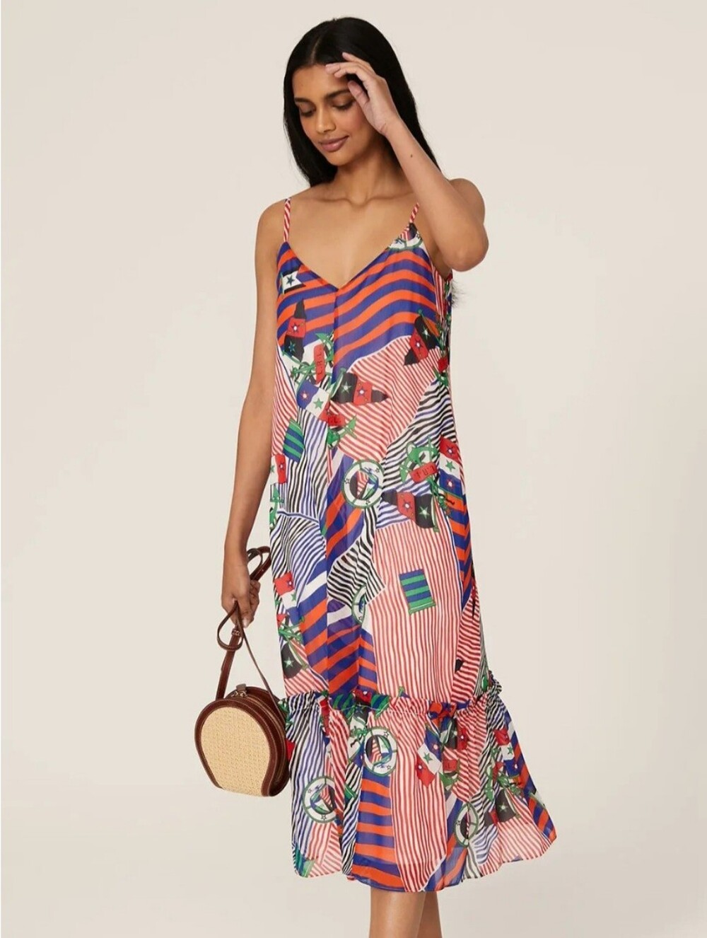 Lauren Ralph Lauren Georgette Nautical Print Midi Dress 14 NWT Red Blue Sundress